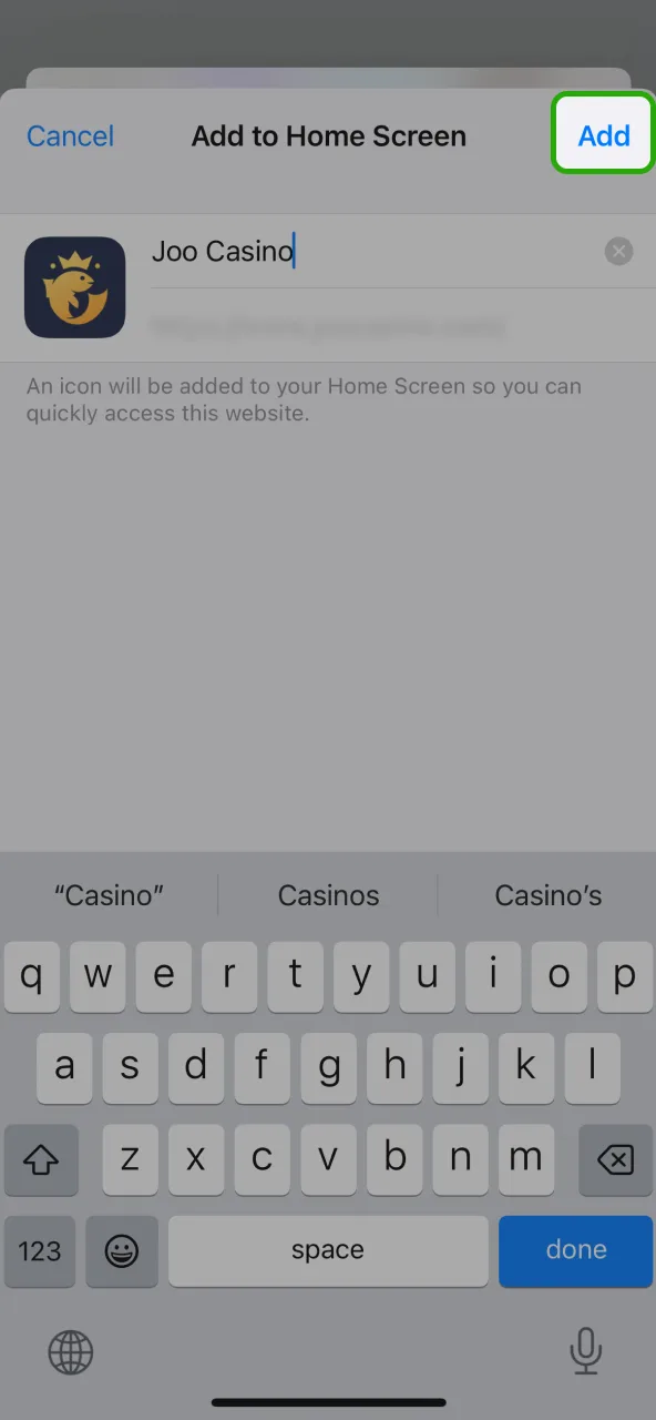 Select Add to finish placing the Joo Casino icon.