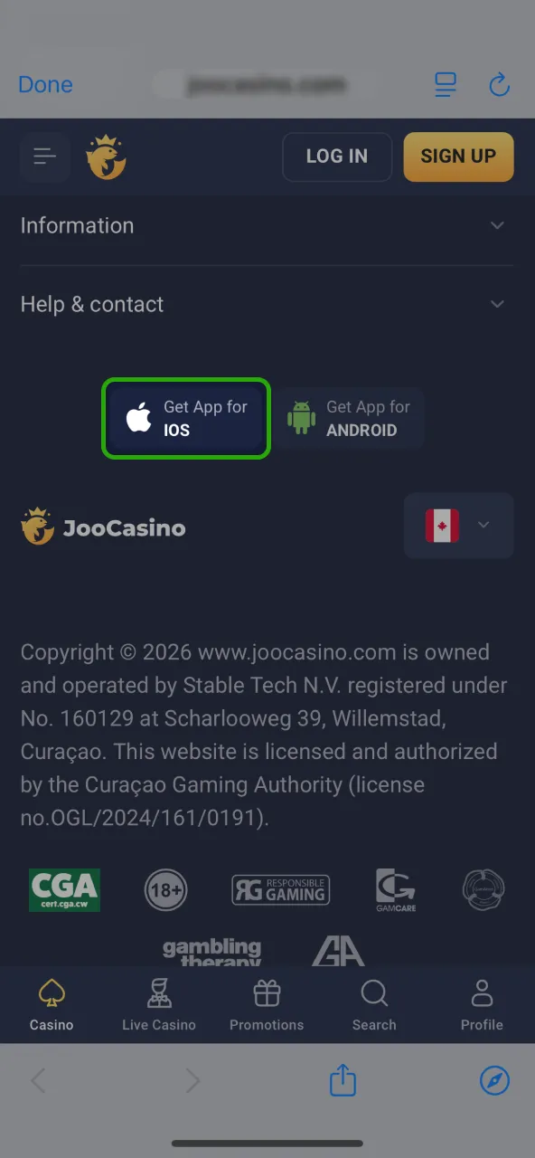 Scroll down and tap the Joo Casino iOS installation icon.