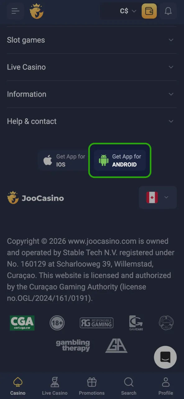 Tap the Joo Casino Download App link found in the footer.