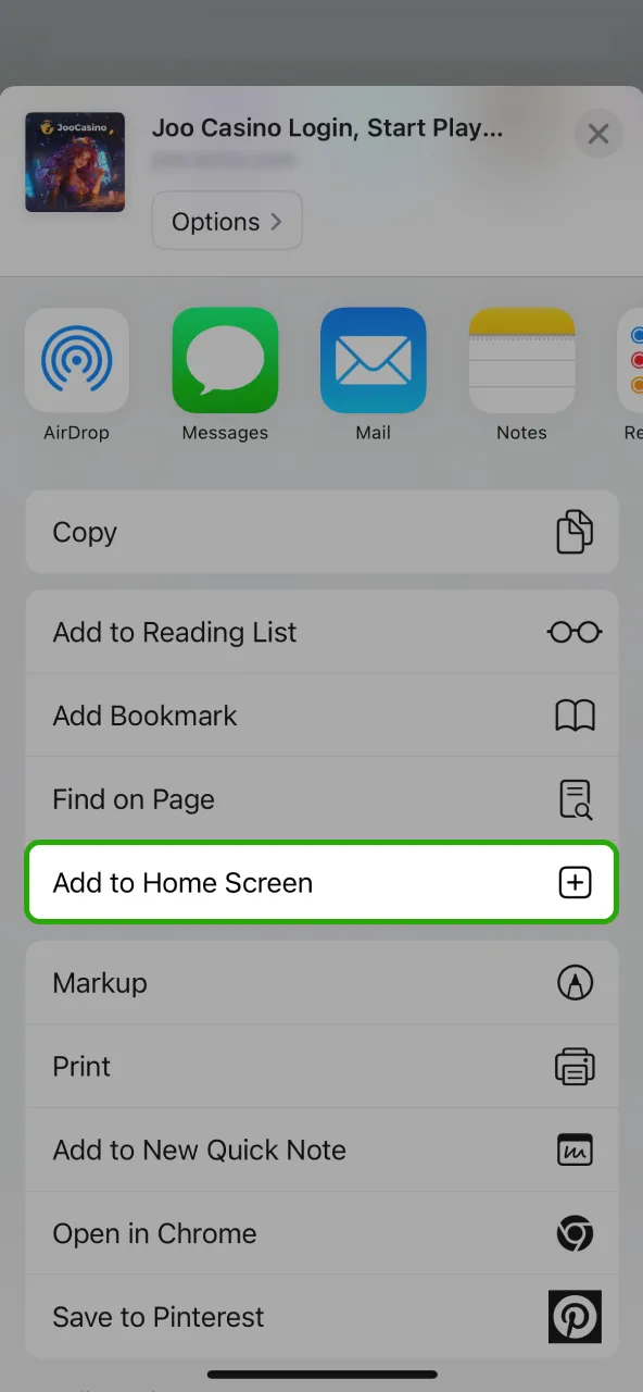 Swipe down the menu and choose Add to Home Screen for Joo Casino.