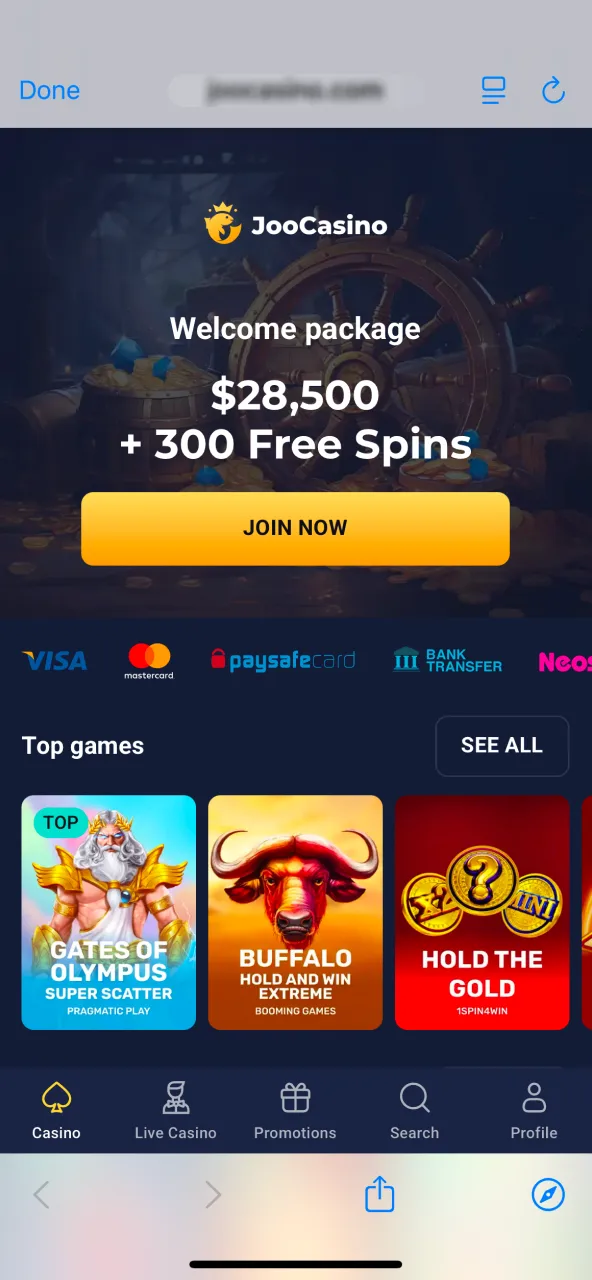 Use Safari to access the official Joo Casino.