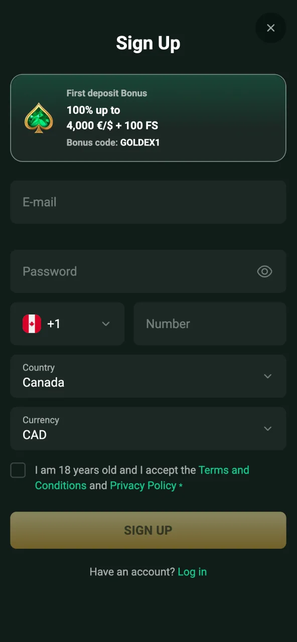 Choose Registration on Goldex and provide email password country and currency.