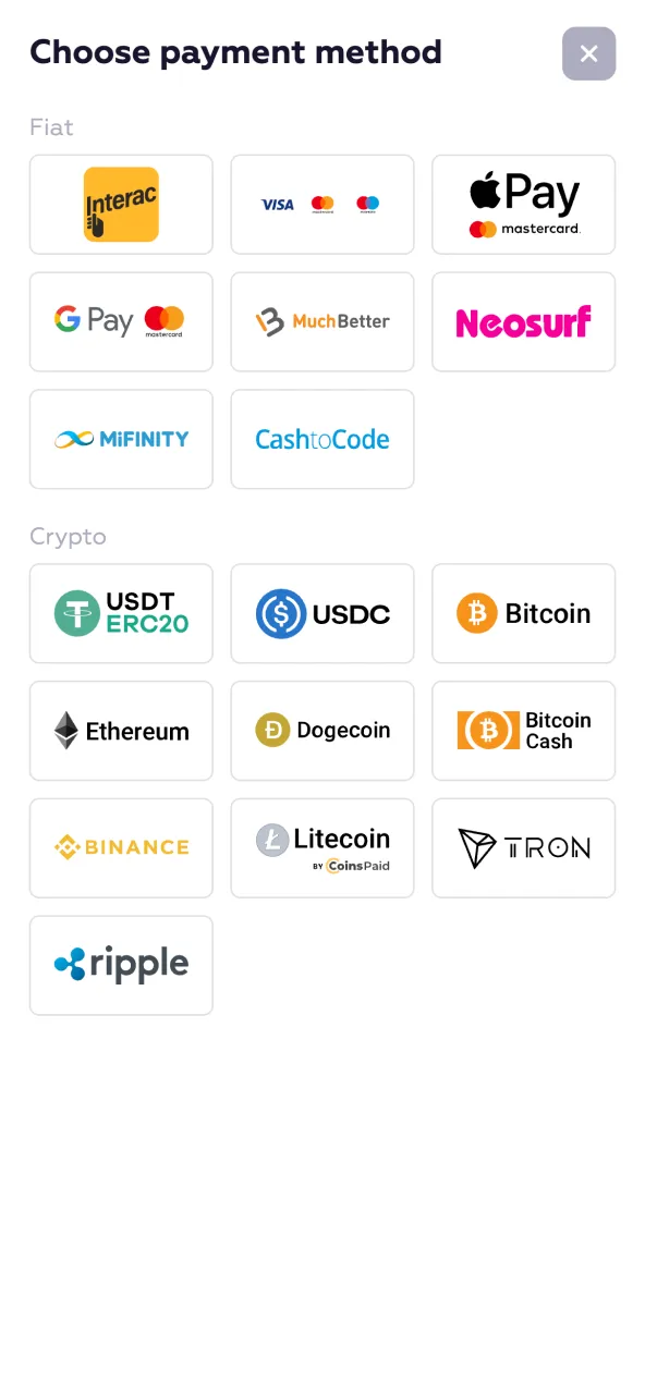 Add money to Playfina with Interac card or e‑wallet starting from 10 CAD.