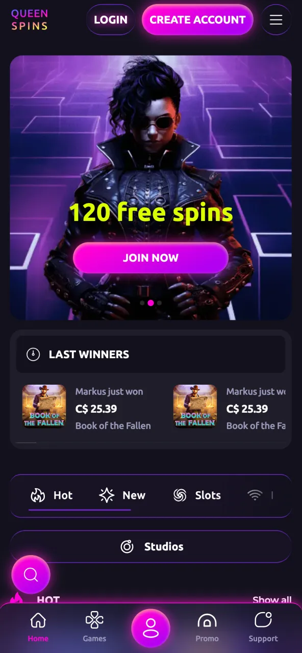 Queenspins homepage layout with game categories and featured picks.